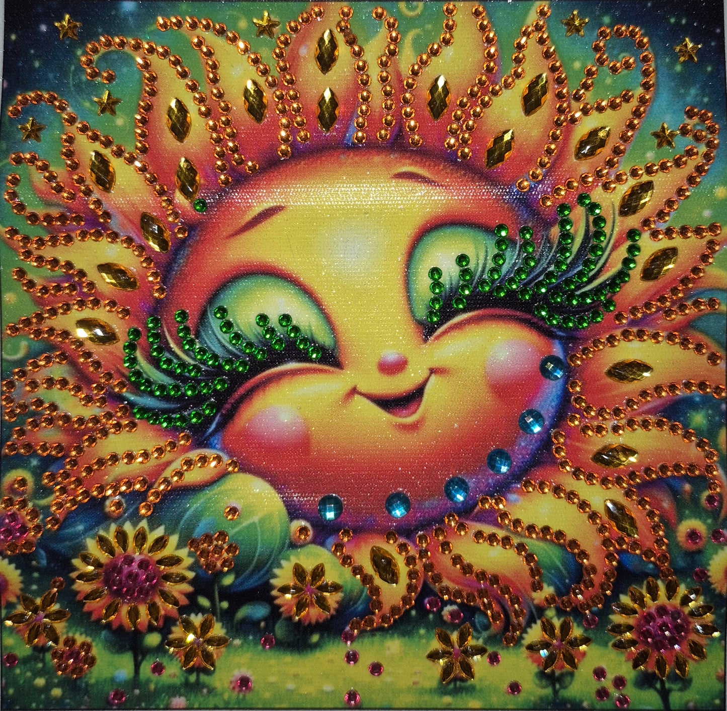 Wall Art - Handmade Diamond Painting - Happy Garden Sunflower, not framed or matted, total size 7 7/8"