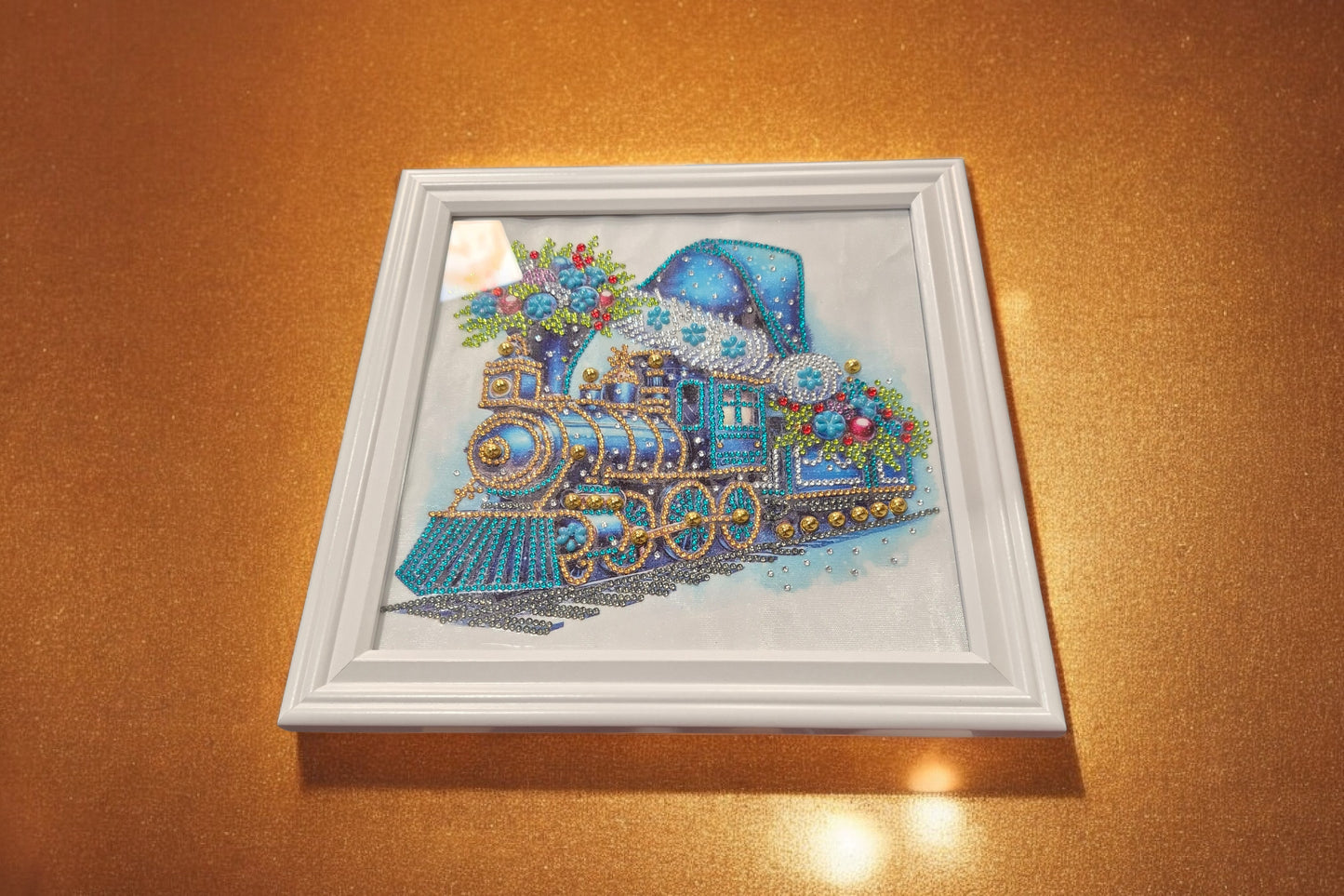 Wall Art -Sparkling Holiday Train, Handmade Diamond Painting, White Frame, 10x10"