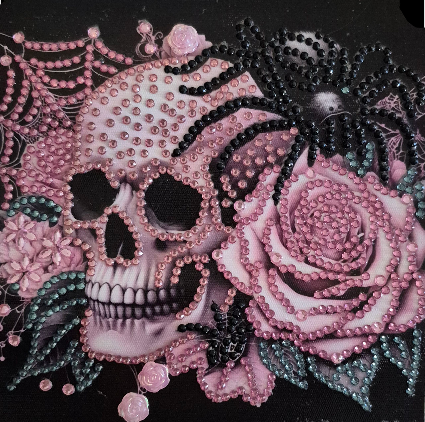 Wall Art - Handmade Diamond Painting – Pink & White Skull with Roses, Unique Gothic-Inspired Art, Unframed, 7 7/8" Size