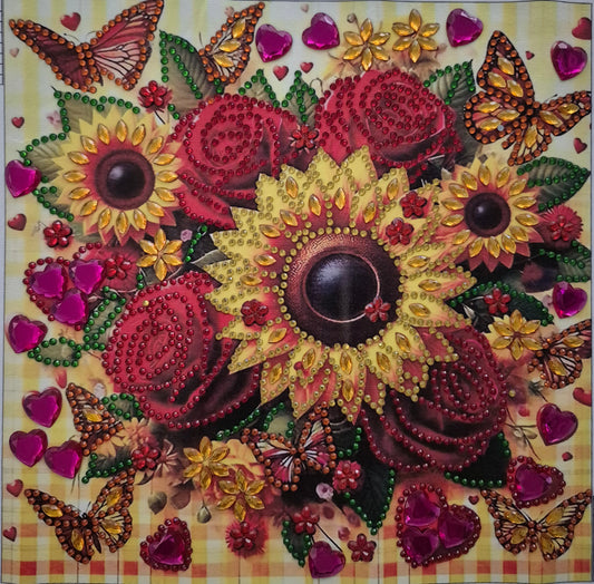 Wall Art - Handmade Diamond Painting – Sunflowers, Roses & Butterflies, Full Size 11 7/8", Picture Size 9 7/8"