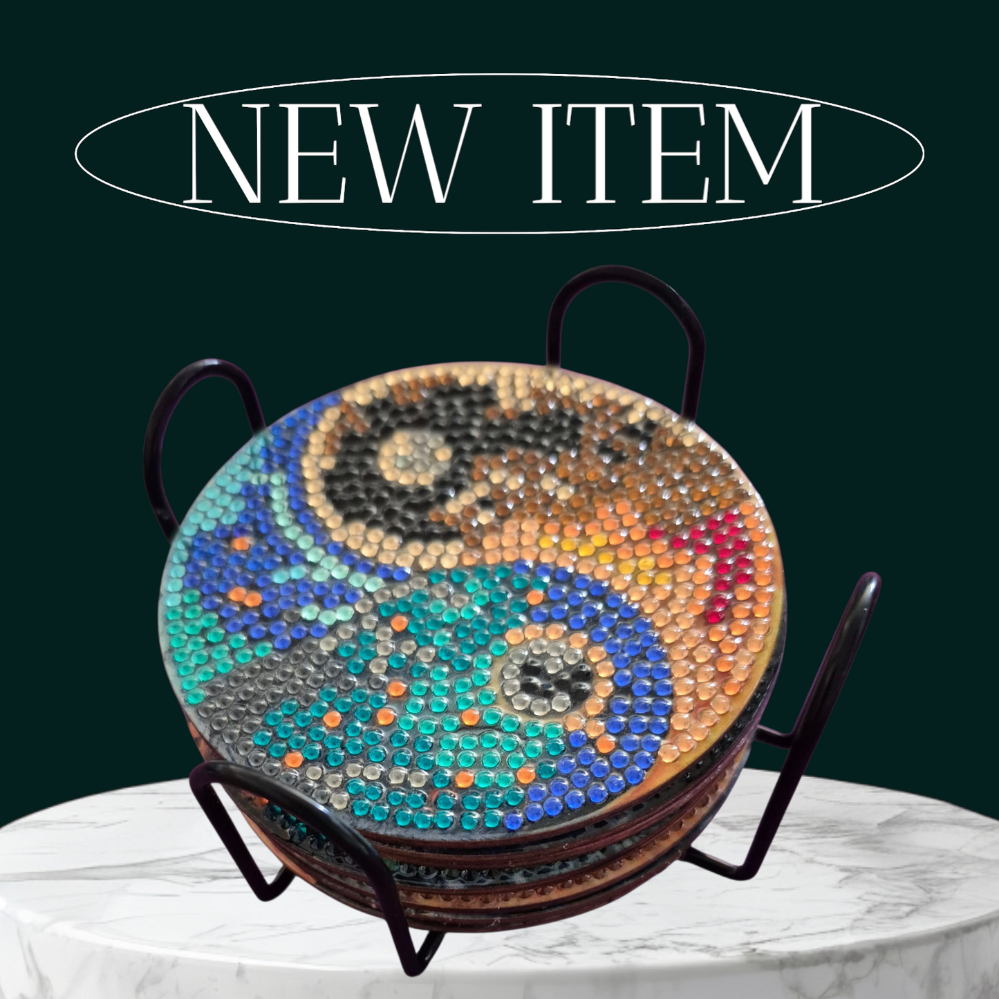 Coasters - Yin & Yang 8 piece set with Stylish Coaster Keeper