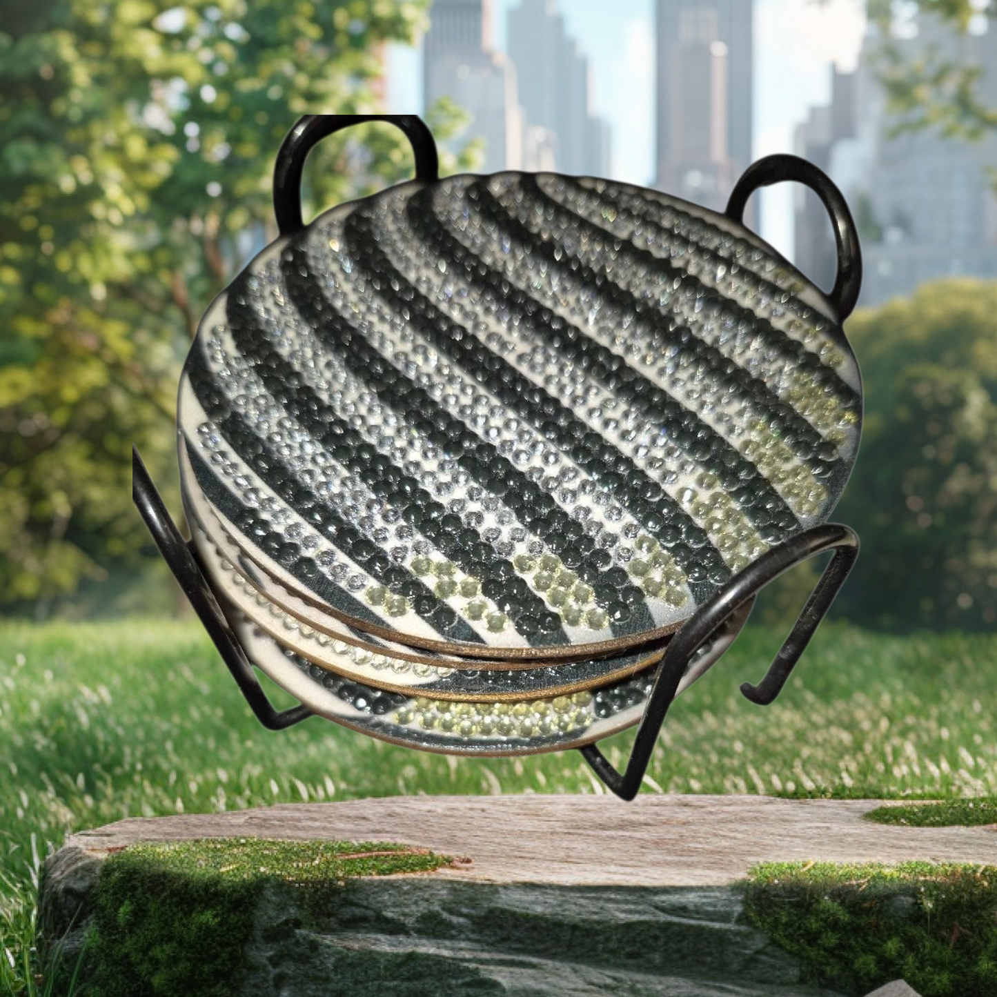 Coasters - Geometric Black, Crystal 8 pcs with Coaster Keeper