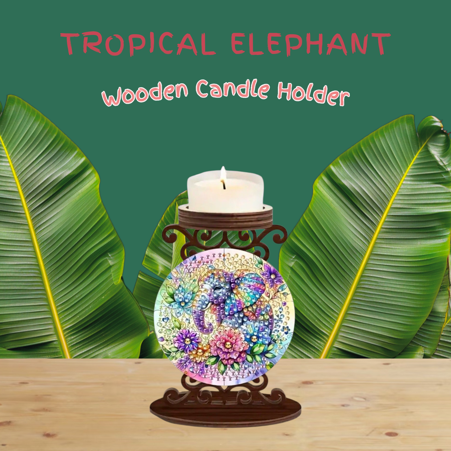 Wooden Candle Holder - Tropical Elephant