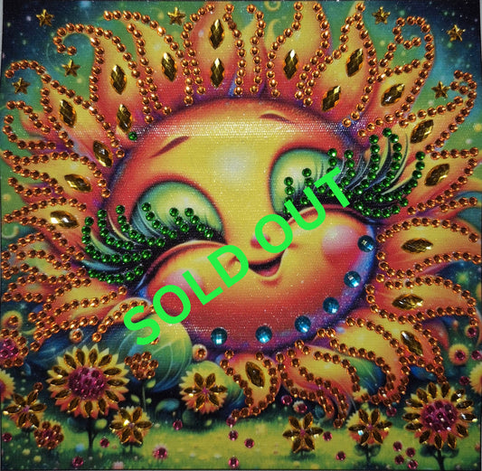 Wall Art - Handmade Diamond Painting -  Happy Garden Sunflower, not framed or matted, total size 7 7/8"