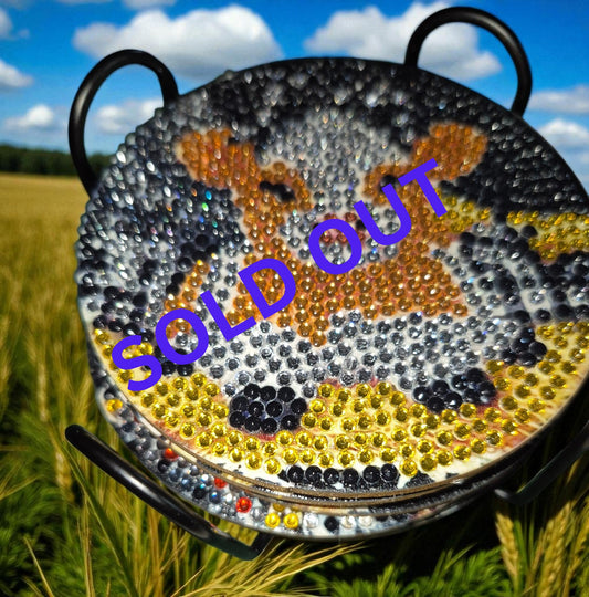 Coasters - Country Cow 8 piece set with Stylish Coaster Keeper